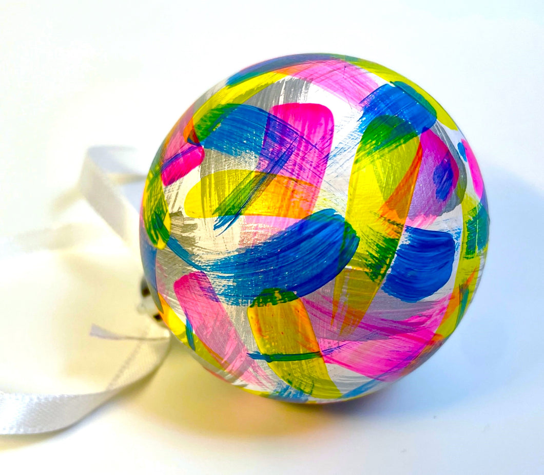 Hand Painted Christmas Bauble - White, Neon Pink, Blue, Yellow and Silver