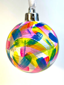 Hand Painted Christmas Bauble - White, Neon Pink, Blue, Yellow and Silver
