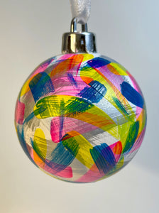 Hand Painted Christmas Bauble - White, Neon Pink, Blue, Yellow and Silver
