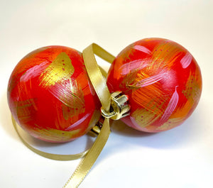 Set of 2 Hand Painted Christmas Baubles - Red, Orange, Pink and Gold