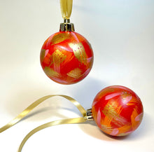 Set of 2 Hand Painted Christmas Baubles - Red, Orange, Pink and Gold