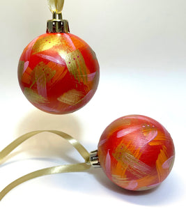 Set of 2 Hand Painted Christmas Baubles - Red, Orange, Pink and Gold