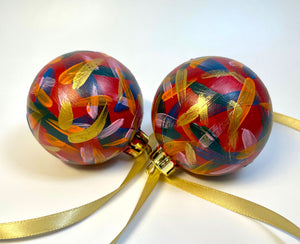 Set of 2 (Pair) Hand Painted Christmas Baubles - Gold, Red, Green, Blue, Orange & Pink