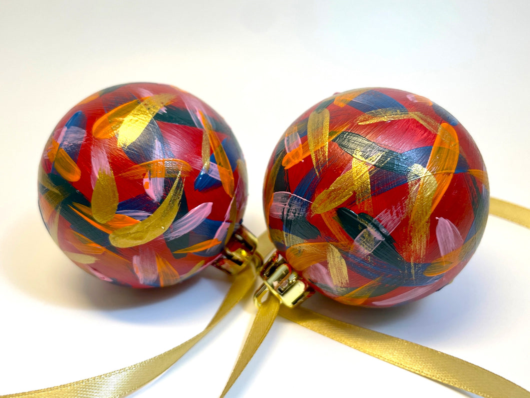 Set of 2 (Pair) Hand Painted Christmas Baubles - Gold, Red, Green, Blue, Orange & Pink