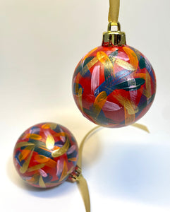 Set of 2 (Pair) Hand Painted Christmas Baubles - Gold, Red, Green, Blue, Orange & Pink