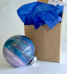 Hand Painted Glass Bauble - Acrylic Pour in Dark Green, Purple, Lilac, Blue, Silver and Metallic Red