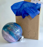 Hand Painted Glass Christmas Bauble - Acrylic Pour in Dark Green, Purple, Lilac, Blue, Silver and Metallic Red
