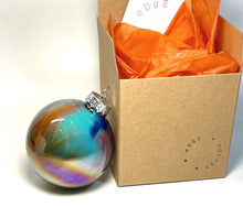 Hand Painted Glass Christmas Bauble - Acrylic Pour Design - Blue, Turquoise, Orange, Pink & Silver