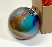 Hand Painted Glass Christmas Bauble - Acrylic Pour Design - Blue, Turquoise, Orange, Pink & Silver