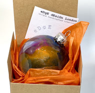 Hand Painted Glass Christmas Bauble - Acrylic Pour Design - Blue, Turquoise, Orange, Pink & Silver