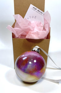 Hand Painted Glass Christmas Bauble - Acrylic Pour Design - Pink, Orange, Purple, Yellow & Silver