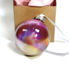 Hand Painted Glass Christmas Bauble - Acrylic Pour Design - Pink, Orange, Purple, Yellow & Silver