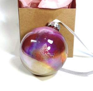Hand Painted Glass Christmas Bauble - Acrylic Pour Design - Pink, Orange, Purple, Yellow & Silver