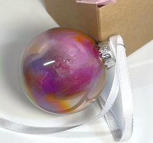 Hand Painted Glass Christmas Bauble - Acrylic Pour Design - Pink, Orange, Purple, Yellow & Silver
