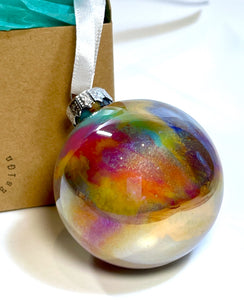 Hand Painted Glass Christmas Bauble - Acrylic Pour in Purple, Orange, Turquoise, Yellow Orche and Silver