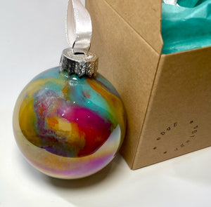 Hand Painted Glass Christmas Bauble - Acrylic Pour in Purple, Orange, Turquoise, Yellow Orche and Silver