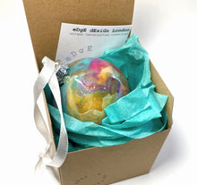 Hand Painted Glass Christmas Bauble - Acrylic Pour in Purple, Orange, Turquoise, Yellow Orche and Silver