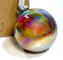 Hand Painted Glass Christmas Bauble - Acrylic Pour in Purple, Orange, Turquoise, Yellow Orche and Silver
