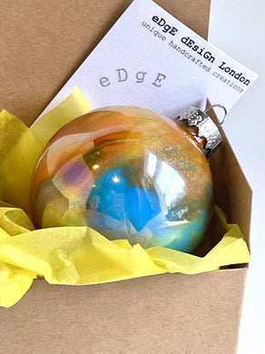 Hand Painted Christmas Bauble - Acrylic Pour Design - Orange, Turquoise, Yellow, White, Green & Silver