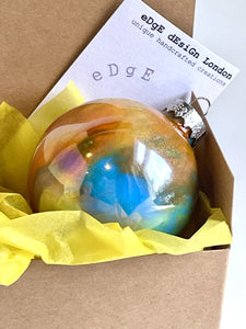 Hand Painted Christmas Bauble - Acrylic Pour Design - Orange, Turquoise, Yellow, White, Green & Silver
