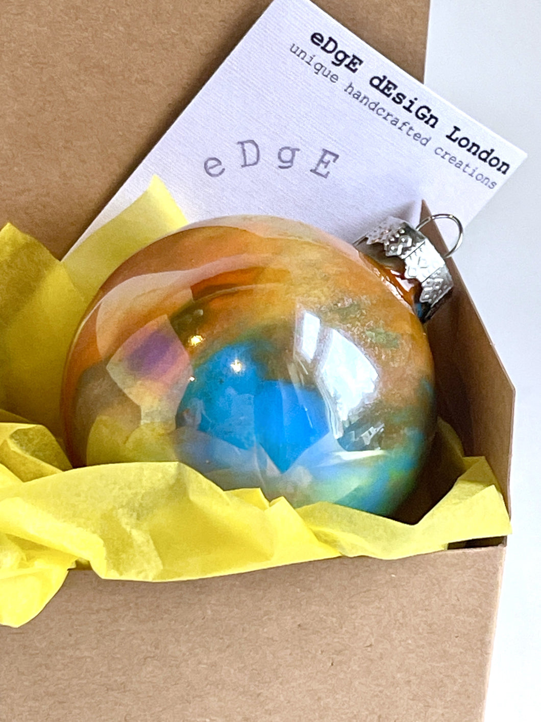 Hand Painted Christmas Bauble - Acrylic Pour Design - Orange, Turquoise, Yellow, White, Green & Silver