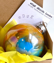 Hand Painted Christmas Bauble - Acrylic Pour Design - Orange, Turquoise, Yellow, White, Green & Silver