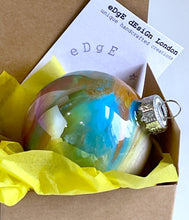 Hand Painted Christmas Bauble - Acrylic Pour Design - Orange, Turquoise, Yellow, White, Green & Silver