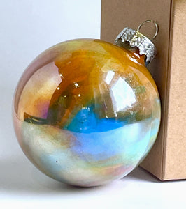 Hand Painted Christmas Bauble - Acrylic Pour Design - Orange, Turquoise, Yellow, White, Green & Silver