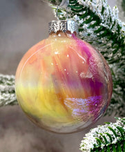 Hand Painted Glass Chirstmas Bauble - Acrylic Pour Design - White, Grey, Yellow, Pink and Silver 1
