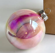 Hand Painted Glass Chirstmas Bauble - Acrylic Pour Design - White, Grey, Yellow, Pink and Silver 1