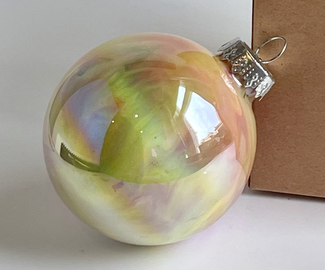 Hand Painted Glass Chirstmas Bauble - Acrylic Pour Design - White, Grey, Yellow, Pink and Silver 2