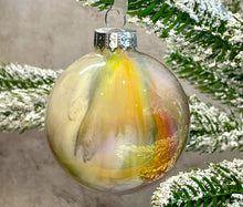Hand Painted Glass Chirstmas Bauble - Acrylic Pour Design - White, Grey, Yellow, Pink and Silver 2