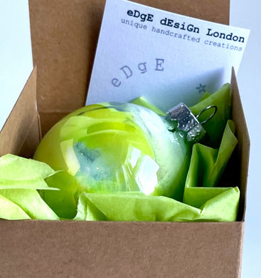 Hand Painted Glass Christmas Bauble - Acrylic Pour Design - White, Grey, Neon Yellow, Green and Silver