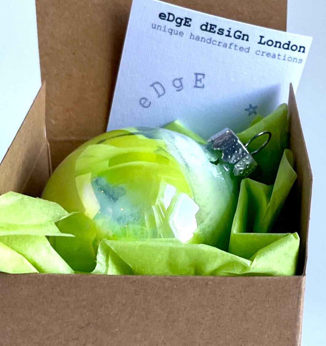 Hand Painted Glass Christmas Bauble - Acrylic Pour Design - White, Grey, Neon Yellow, Green and Silver