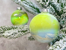 Hand Painted Glass Christmas Bauble - Acrylic Pour Design - White, Grey, Neon Yellow, Green and Silver
