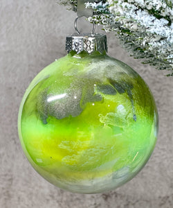 Hand Painted Glass Christmas Bauble - Acrylic Pour Design - White, Grey, Neon Yellow, Green and Silver 2