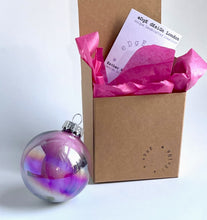 Hand Painted Glass Christmas Bauble - Acrylic Pour Design - Neon Pink, White, Black, Purple, Grey and Silver