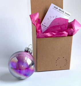 Hand Painted Glass Christmas Bauble - Acrylic Pour Design - Neon Pink, White, Black, Purple, Grey and Silver