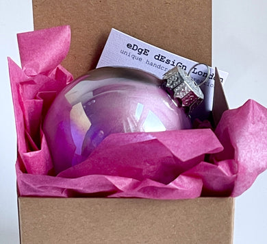 Hand Painted Glass Christmas Bauble - Acrylic Pour Design - Neon Pink, White, Black, Purple, Grey and Silver