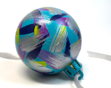 Hand Painted Christmas Bauble - Teal, Lime Green, Navy, Purple and Silver