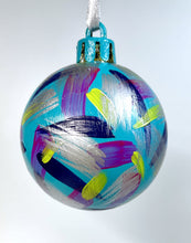 Hand Painted Christmas Bauble - Teal, Lime Green, Navy, Purple and Silver
