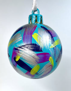 Hand Painted Christmas Bauble - Teal, Lime Green, Navy, Purple and Silver