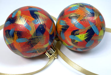 Set of 2 Hand Painted Christmas Baubles - Red, Orange, Gold, Navy, Turquoise & Lime Green
