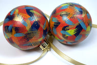 Set of 2 Hand Painted Christmas Baubles - Red, Orange, Gold, Navy, Turquoise & Lime Green