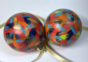 Set of 2 Hand Painted Christmas Baubles - Red, Orange, Gold, Navy, Turquoise & Lime Green