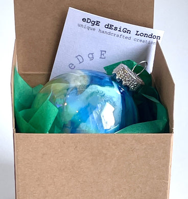 Hand Painted Glass Christmas Bauble - Acrylic Pour Design - Royal Blue, Light Blue, Green & Rose Gold