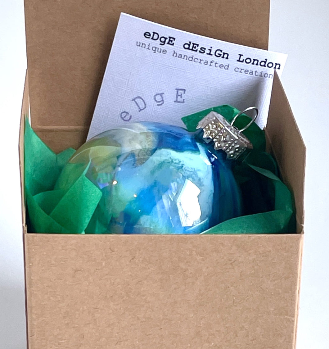 Hand Painted Glass Christmas Bauble - Acrylic Pour Design - Royal Blue, Light Blue, Green & Rose Gold