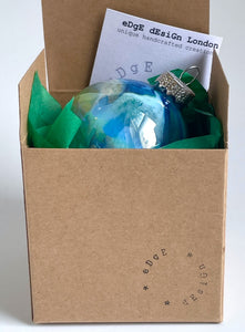 Hand Painted Glass Christmas Bauble - Acrylic Pour Design - Royal Blue, Light Blue, Green & Rose Gold
