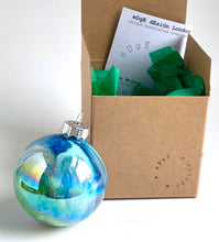 Hand Painted Glass Christmas Bauble - Acrylic Pour Design - Royal Blue, Light Blue, Green & Rose Gold