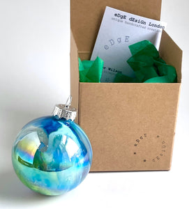 Hand Painted Glass Christmas Bauble - Acrylic Pour Design - Royal Blue, Light Blue, Green & Rose Gold